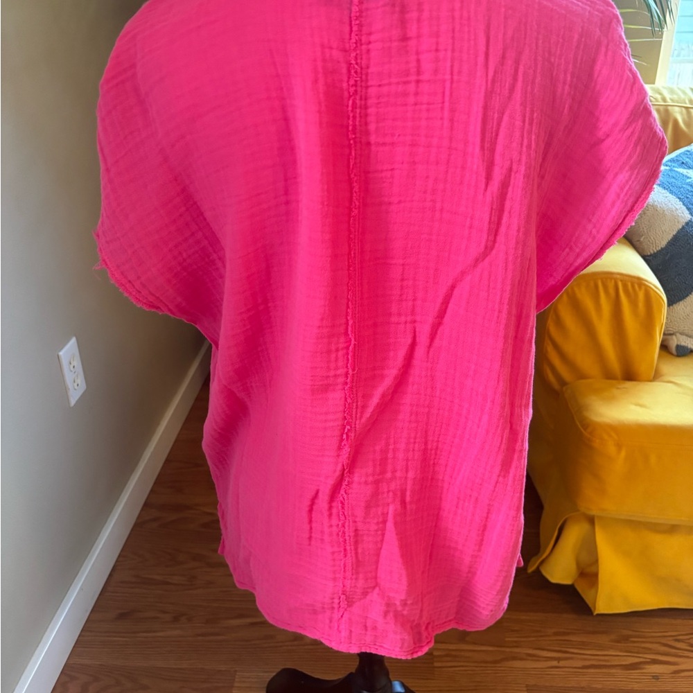 Michael Stars Hot Pink V-Neck Cotton Short Sleeve Shirt Size Small Loose Fit - Picture 3 of 8
